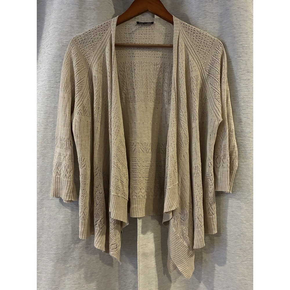 Eileen Fisher Beige Knit Open Front Drape Cardigan Sweater Sz Medium Linen